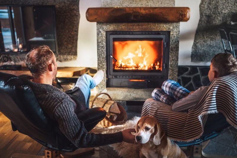 Father with son sitting in comfortable armchairs in their cozy country house near fireplace.